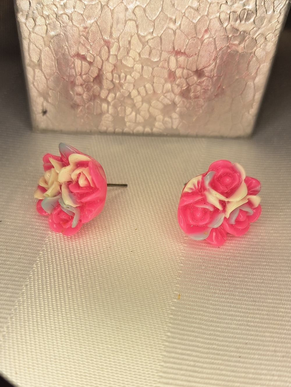 Pink Floral Resin Rose Stud Earrings - No Backs
